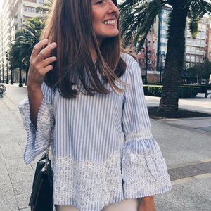 Zara Top Striped Blue White Lace Trim Bell Sleeve Blouse Cotton